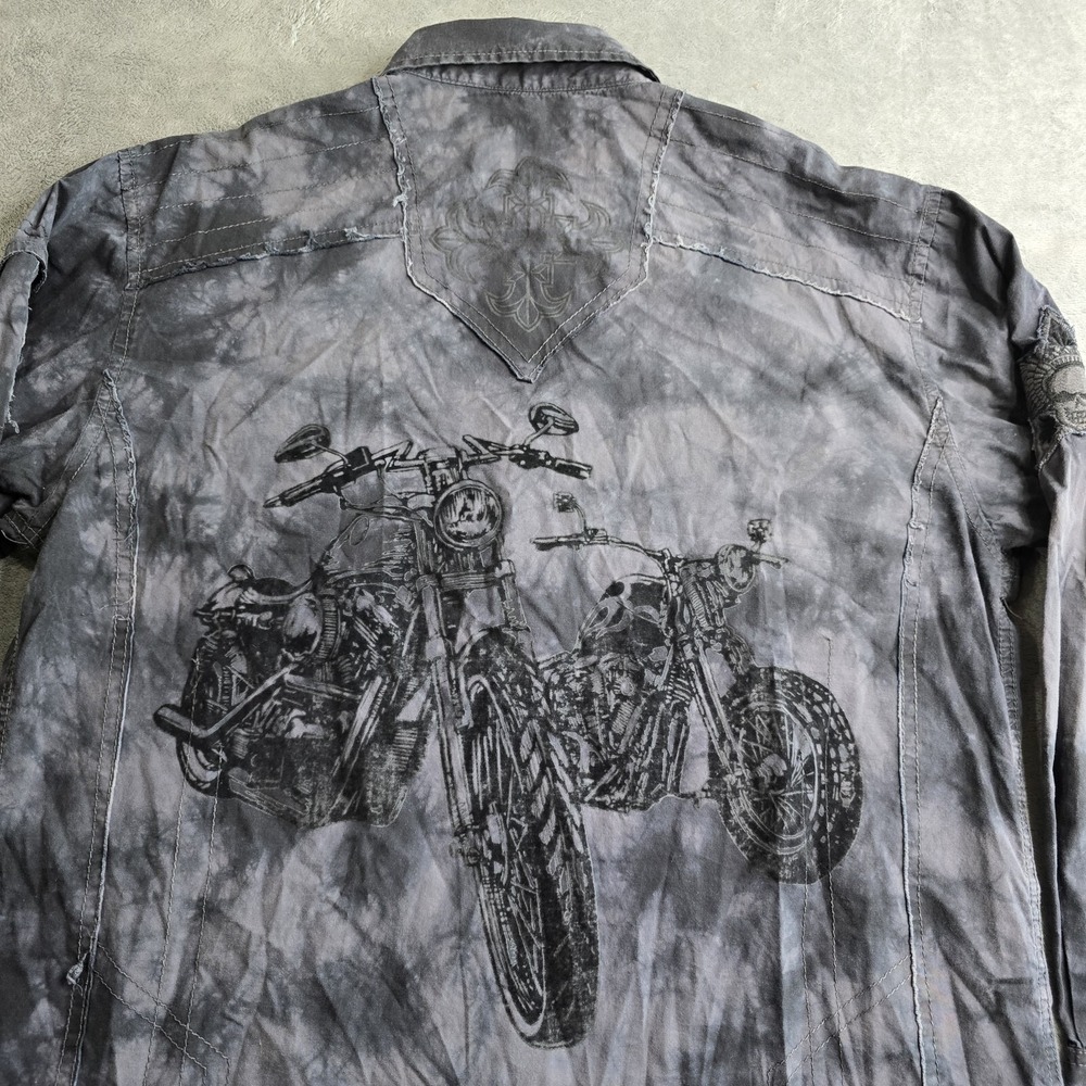 Rebel Spirit Shirt Mens 3XL Y2K Grunge Embroidered Button Up Motorcycles Skull
